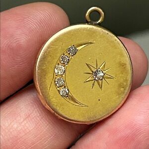 🖤Antique Victorian Crescent Moon Star Paste Yellow Gold Filled Pendant Locket
